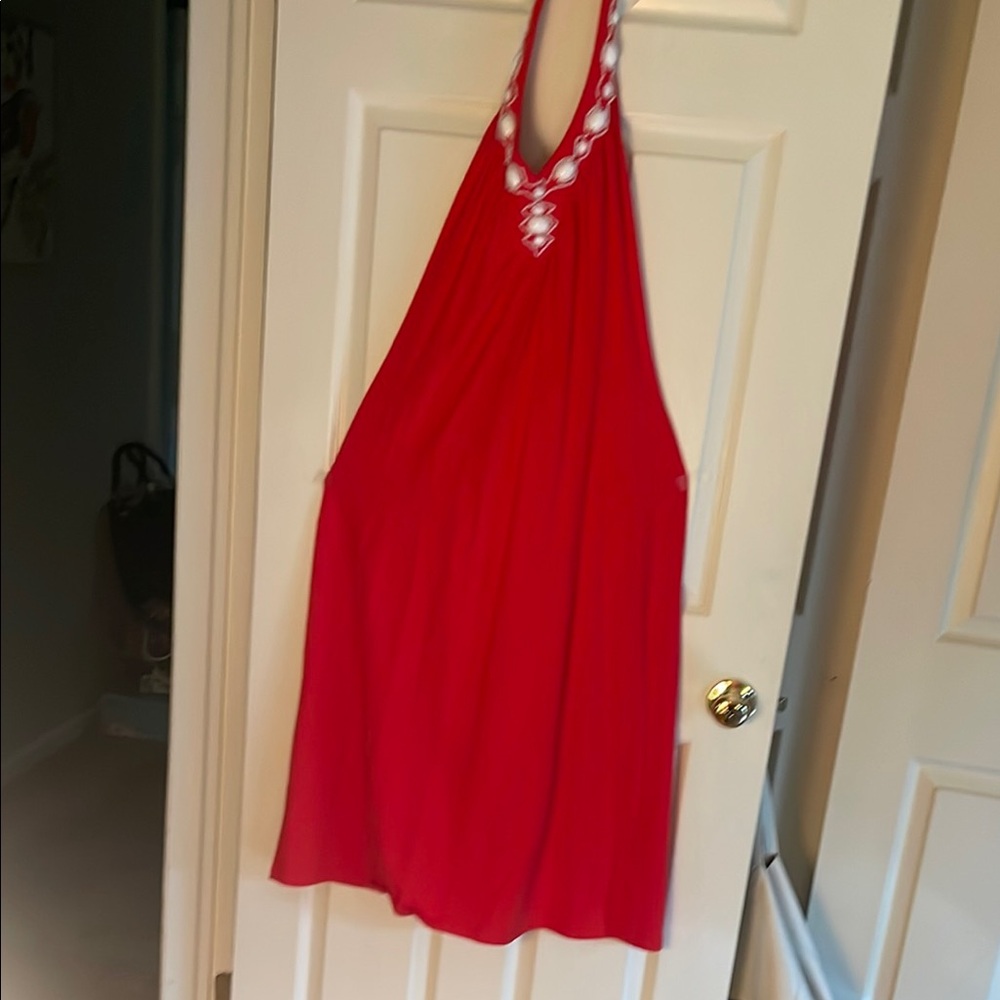 Red Halter Dress with Embellished Neckline